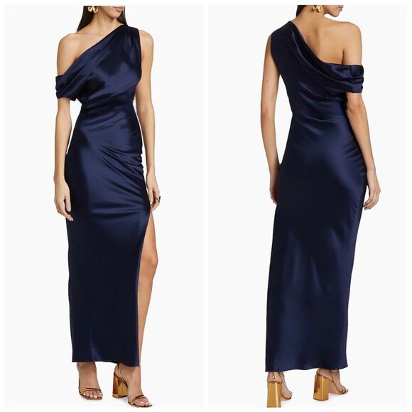 Nicholas the Label Womens Eartha Off The Shoulder Satin Gown Midnight Size 8 - Picture 1 of 12